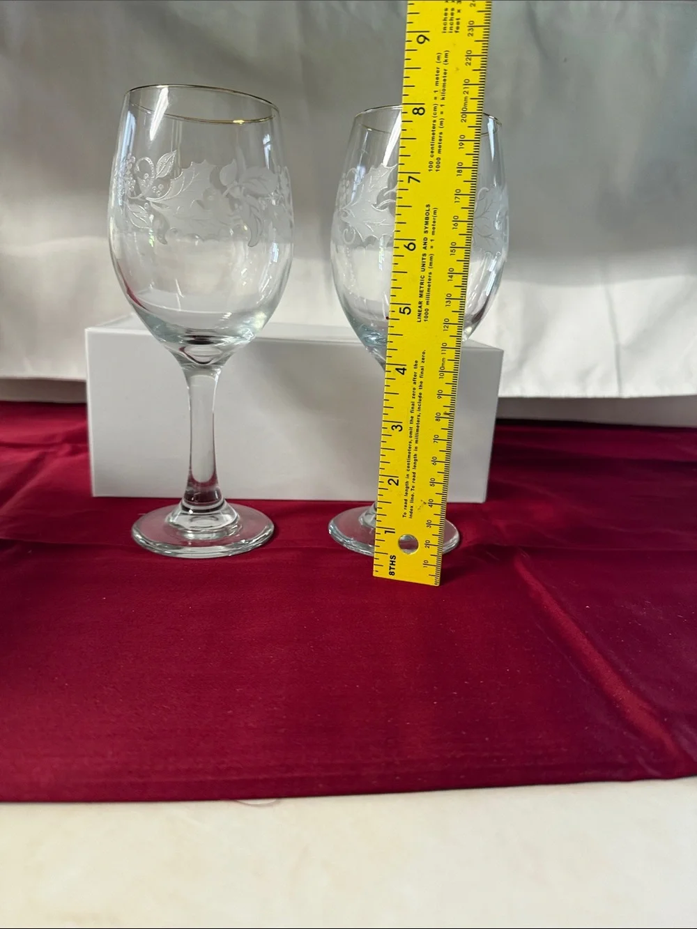 Tall Wine Glasses, Gold Trim, Frosted Leaf Pattern  Set Of 2   8.25 In. Tall